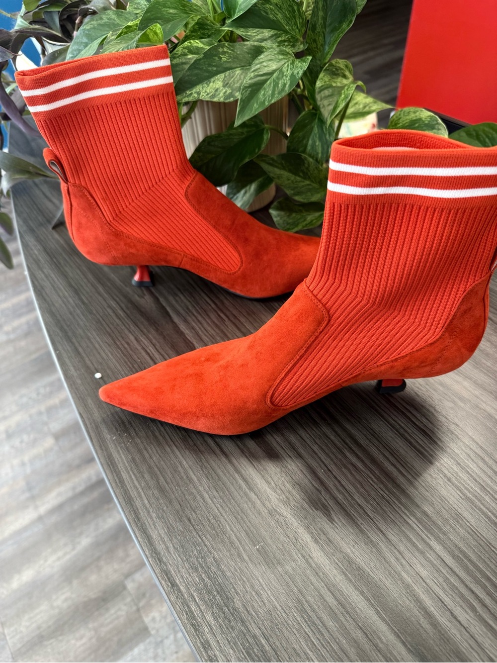 Jeffrey Campbell Morbid Orange Suede Pointed Sock Ankle Boots